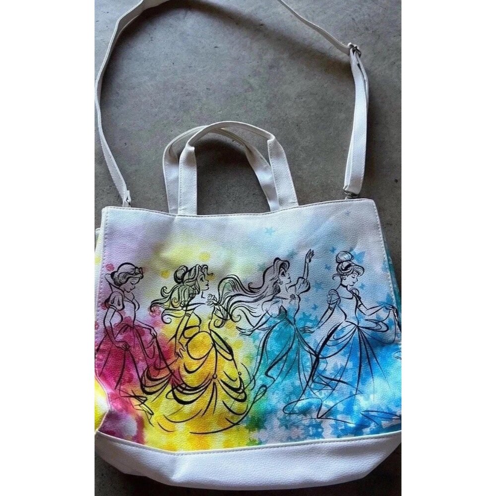Disney Parks Original Princesses Watercolor White Leather Multicolor Tote Bag